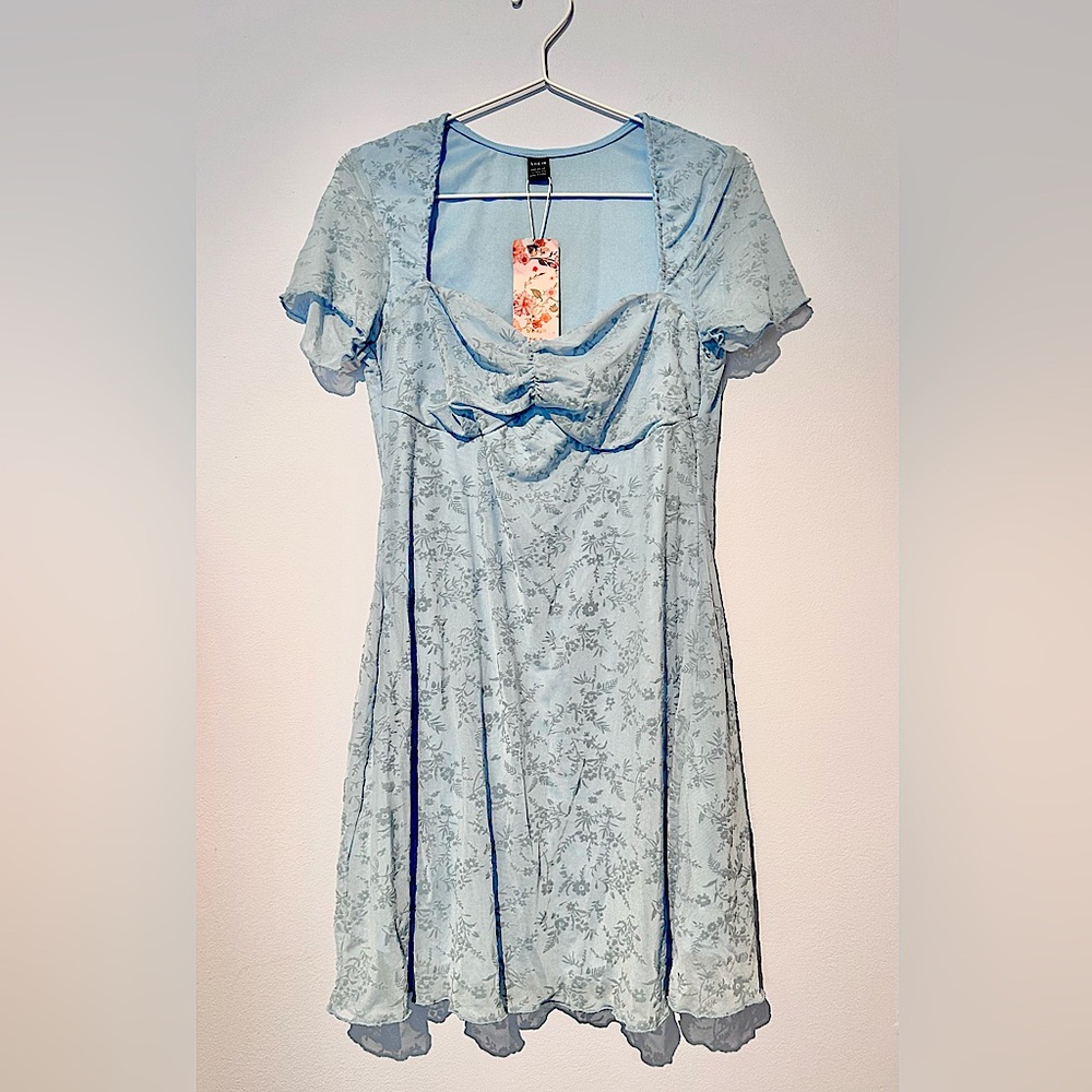 🍧 2/$20  NWT SHEIN floral mesh overlay mini dress (soft blue)
